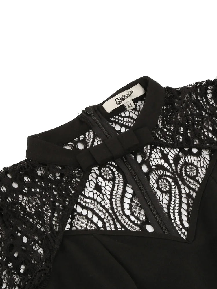 Hollow Out Front Elegant Evening Festival Black Dresses for Women Lace Long Sleeve Ladies Vintage Sexy Swing Dress