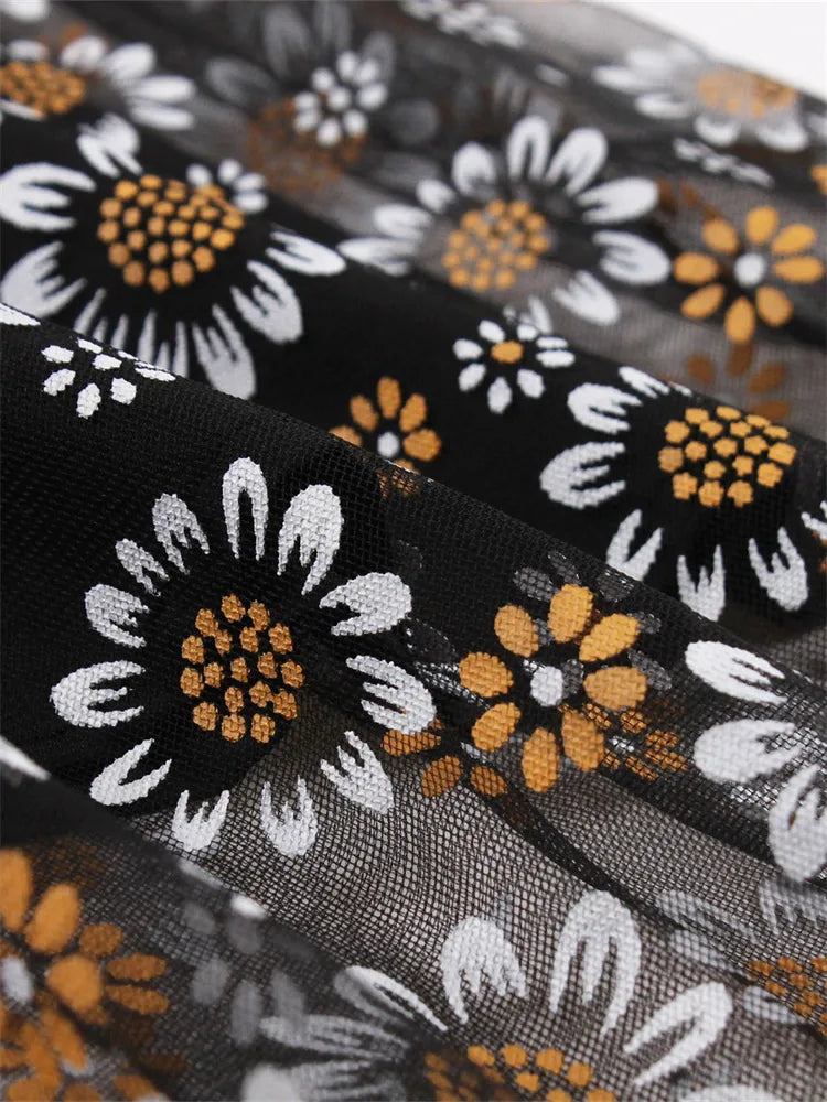 Little Flower Print Mesh Vintage Casual Swing Elegant Kawaii High Waist Cotton A Line Retro Runway Midi Party Skirts