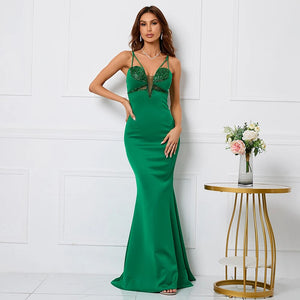 Women Sexy Strap Beading See Through Green Evening Dress Party Maxi Dress Long Prom Dress