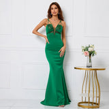 Women Sexy Strap Beading See Through Green Evening Dress Party Maxi Dress Long Prom Dress