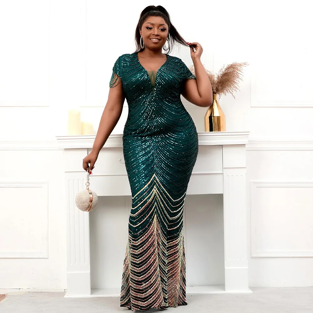 Plus Size Deep V Neck Green Sequin Evening Dress Sexy Party Maxi Dress Women Beading Dress Long Prom Dress 19085