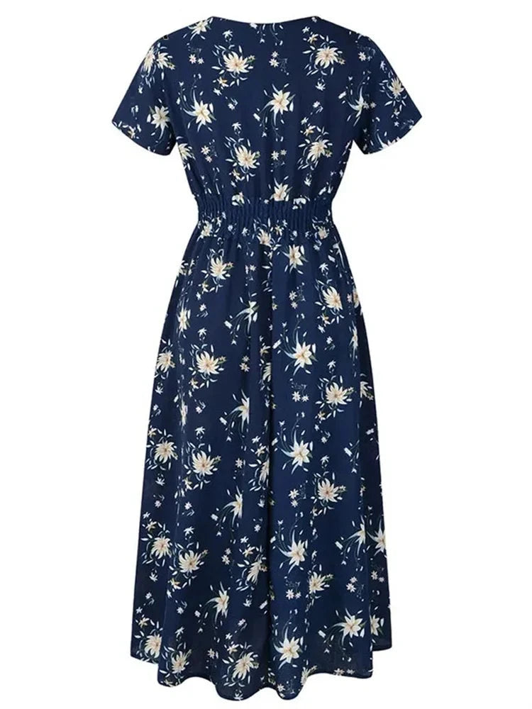 2024 Retro Vintage Women Summer Dress Casual V Neck Short Sleeve Chiffon A Line Sundress Elegant Floral Print Party Midi Dresses