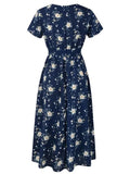 2024 Retro Vintage Women Summer Dress Casual V Neck Short Sleeve Chiffon A Line Sundress Elegant Floral Print Party Midi Dresses