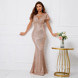 Elegant Long Gold Sequin Dress V Neck Party Maxi Dress Women Prom Evening Dress