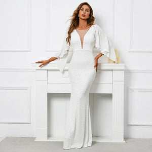 Women White Sequin Long Prom Dress V Neck Evening Dress Elegant Party Maxi Dress