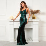 Women Sexy Strap Green Sequin Dress Party Maxi Dress V Neck Evening Dress Long Prom Dress