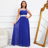 Women Blue Tulle Dress O Neck Beading Evening Dress Elegant Party Maxi Dress