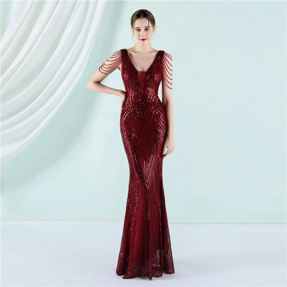 Women Beading Long Prom Dress Deep V Neck Black Sequin Evening Sexy Party Maxi Dress