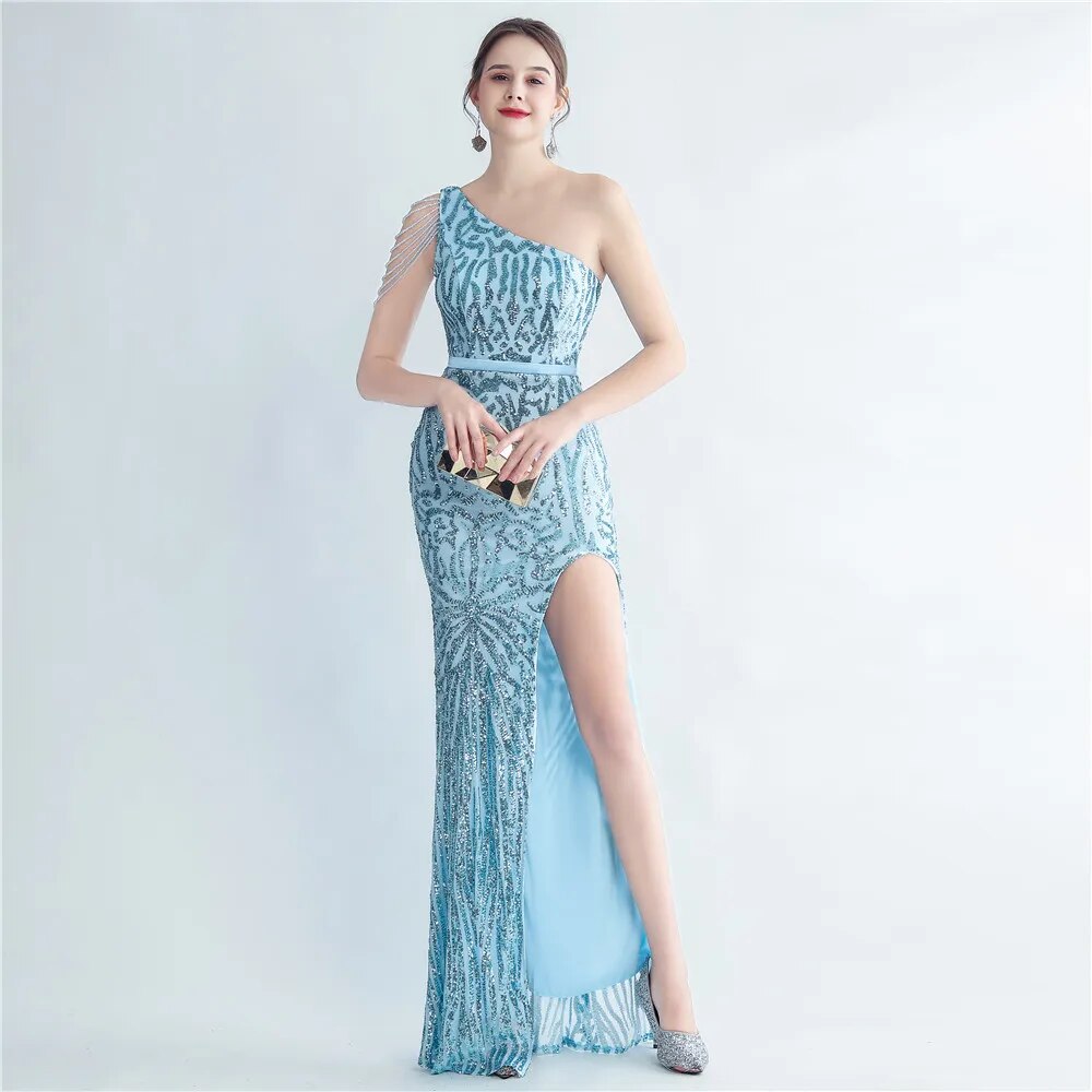 Elegant Slash Neck Sequin Evening Dress Women Beading Long Party Maxi Dress