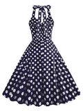 1950s Style Polka Dot Rockabilly Cotton Dresses Women Halter Button Up Party Evening Backless Pockets Vintage Dress