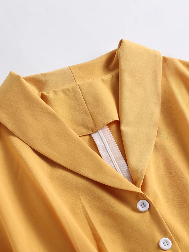 Turn Down Collar Button Up Yellow Elegant Women Summer Dress 1950S Vintage Style Ladies Solid Midi Swing Dresses