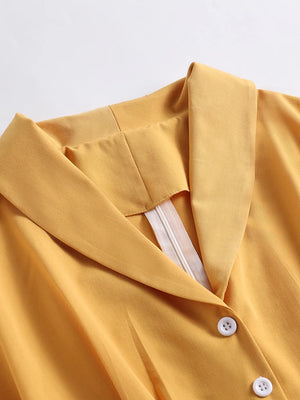 Turn Down Collar Button Up Yellow Elegant Women Summer Dress 1950S Vintage Style Ladies Solid Midi Swing Dresses