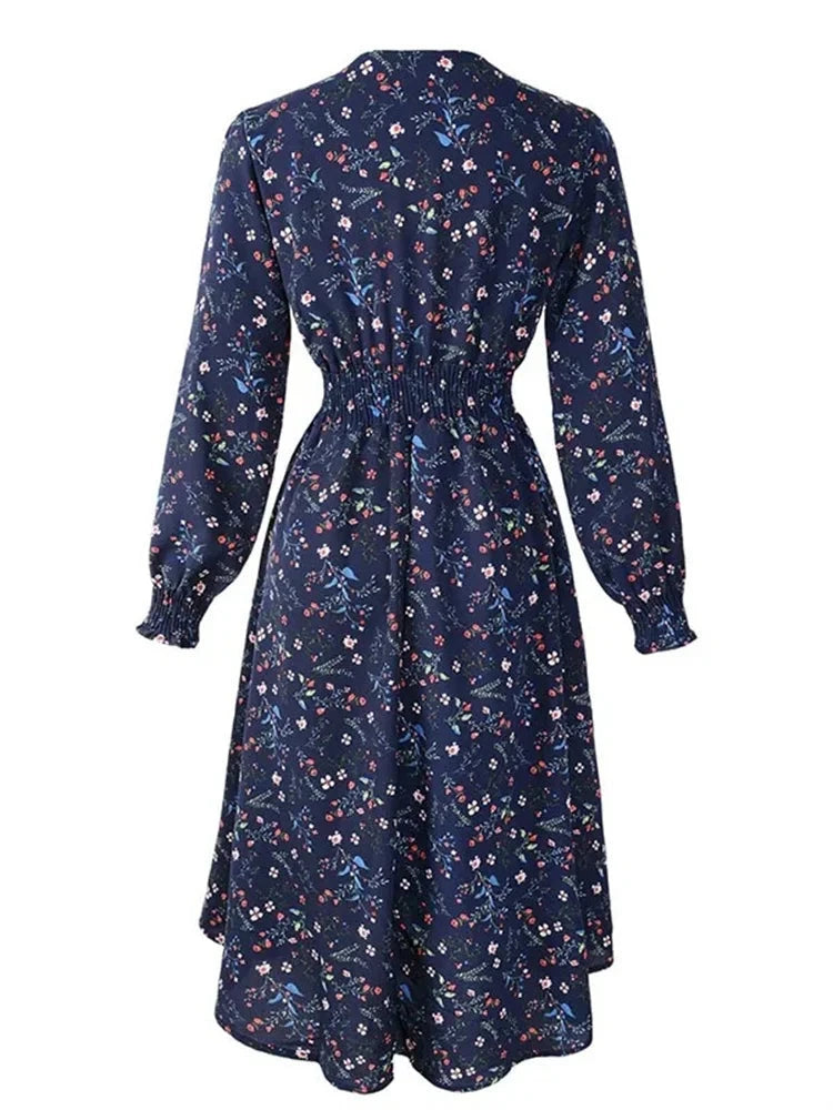 2024 Elegant Casual Floral Print A-Line Party Dress Women Spring Summer Elegant Long Sleeve Elastic Waist Boho Beach Dresses