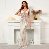 Women Deep V Neck Gold Sequin Dress Beading Evening Sexy Party Maxi Dress Long Prom Dress