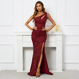 Sexy Slit Burgundy Sequin Women One Shoulder Beading Long Evening Party Maxi Dress