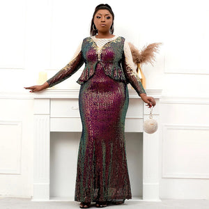 Plus Size Stretch Sequin Full Sleeve Vintage Mermaid Evening Night Long Party Maxi Dress