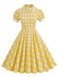 Peter Pan Collar Puff Sleeve Plaid Rockabilly Pockets Swing Dress Vintage Robe Women 1950s Elegant Midi Dresses