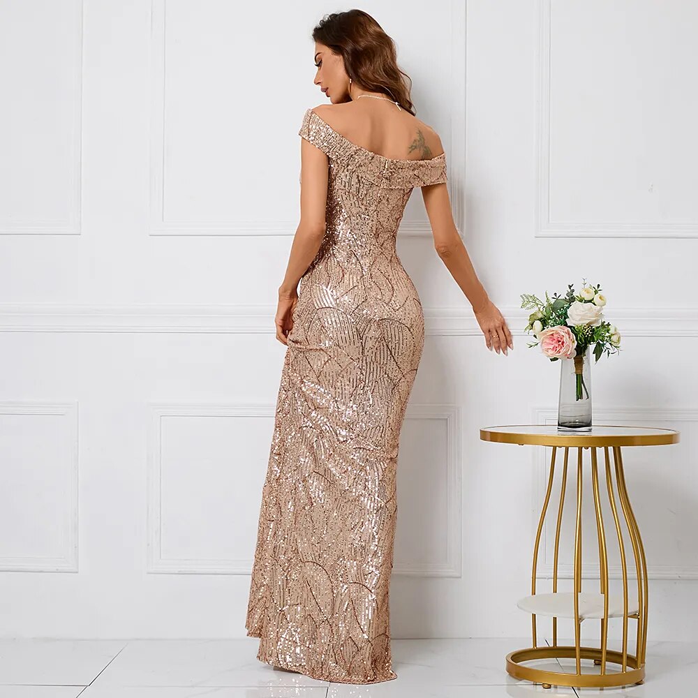 Women Sexy Slit Party Maxi Dress Off Shoulder Gold Sequin Evening Long Prom Dress