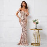 Women Elegant Party Maxi Dress Off Shoulder Gold Sequin Evening Dress Long Prom Dress