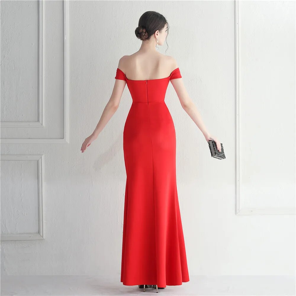 Off Shoulder Slash Nech Maxi Dress Women Sexy Slit Long Prom Evening Dress