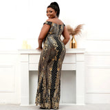 Plus Size Women Off Shoulder Black Gold Sequin Evening Dress Elegant Boat Neck Party Maxi Dress Long Prom Dress