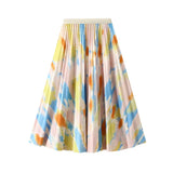 Multicoloured Print Pleated Skirt Women's Summer High-waisted Elastic A-line Midi Long Skirts