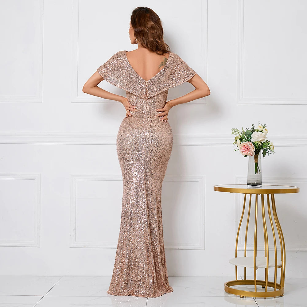 Elegant Long Gold Sequin Dress V Neck Party Maxi Dress Women Prom Evening Dress