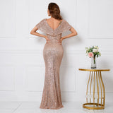 Elegant Long Gold Sequin Dress V Neck Party Maxi Dress Women Prom Evening Dress