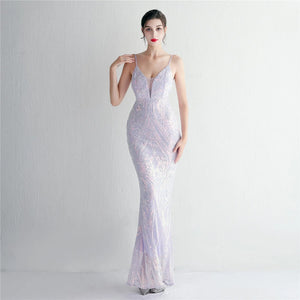 Women Green Sequin Dress Strap Party Maxi Dress Sexy V Neck Evening Long Prom Dress
