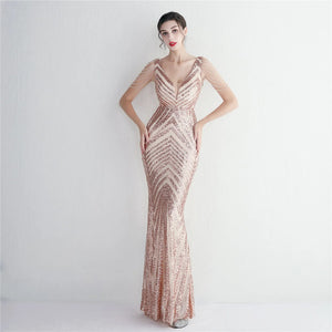 Women Beading Long Prom Dress Deep V Neck Gold Sequin Evening Dress Sexy Party Maxi Dress
