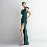 Women One Shoulder Slash Neck Evening Dress Green Ruffles Celebrity Maxi Dress Sexy Slit Long Party Dress