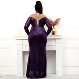 Plus Size Stretch Purple Sequin Dress Pearls Full Sleeve See Through Mermaid Evening Night Long Party Maxi Dress