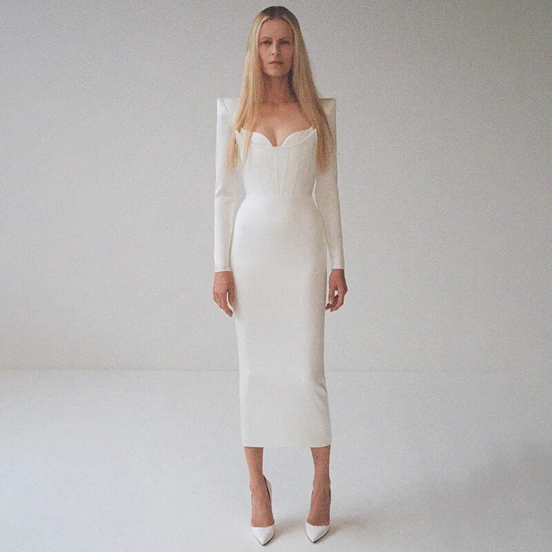 Long Sleeve White Evening Dress Women Night Party Celebrity Dress