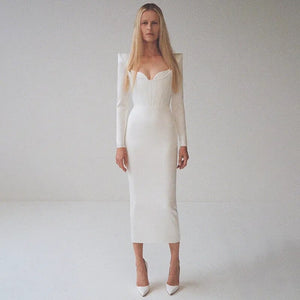 Long Sleeve White Evening Dress Women Night Party Celebrity Dress