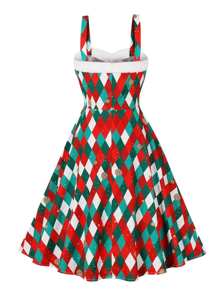 Floral Print Holiday Women Christmas Sleeveless Backless Swing Pinup Runway Sundress Elegant 50s Vintage Aline Flare Dress
