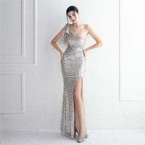 Women One Shoulder Slit Sequin Evening Dress Silver Ruffles Celebrity Maxi Dress Sexy Slash Neck Long Party Dress
