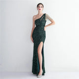 Sexy Slit Burgundy Sequin Women One Shoulder Beading Long Evening Dress Party Maxi Dress