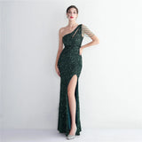 Sexy Slit Green Sequin Dress Women One Shoulder Beading Long Evening Dress Party Maxi Dress