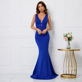 Sexy V Neck Beading Party Maxi Dress Blue Color See Through Long Evening Prom Dress