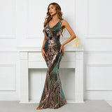 Sexy V Neck Stretch Sequin Evening Dress Elegant Sleeveless Party Maxi Dress Long Prom Dress