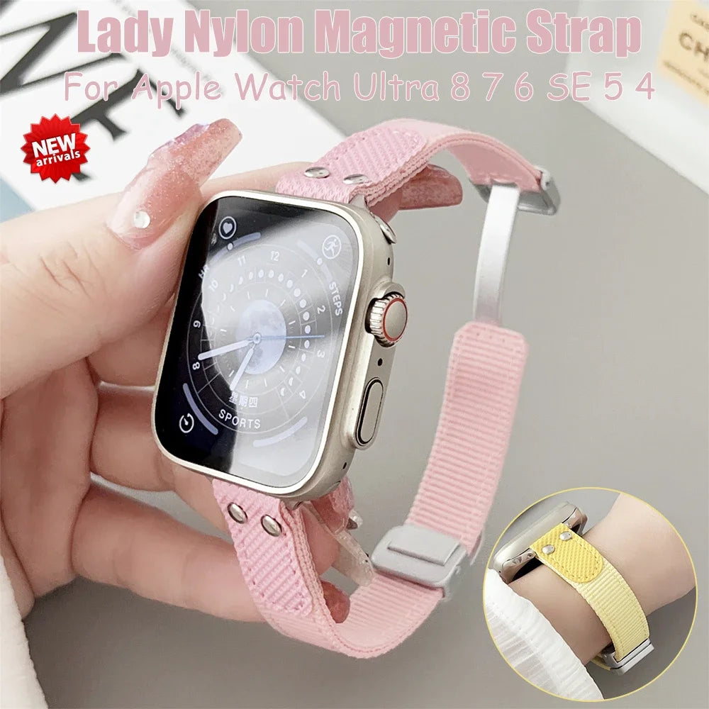 Slim Magnetic Buckle Nylon Strap For Apple Watch Ultra 49mm 45mm 41mm For iWatch 8 7 6 5 4 Se 44mm 42mm 40mm Candy Color Band