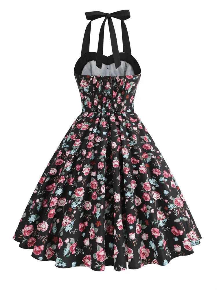 Halter Vintage 50s Swing Casual Dress Floral Print Sleeveless Short Evening Dress Elegant Summer 60s Rockabilly Prom Party Dress