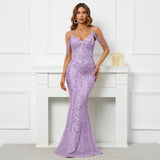 Women Pink Sequin Strap Beading Party Maxi Dress Sexy V Neck Evening Long Prom Dress