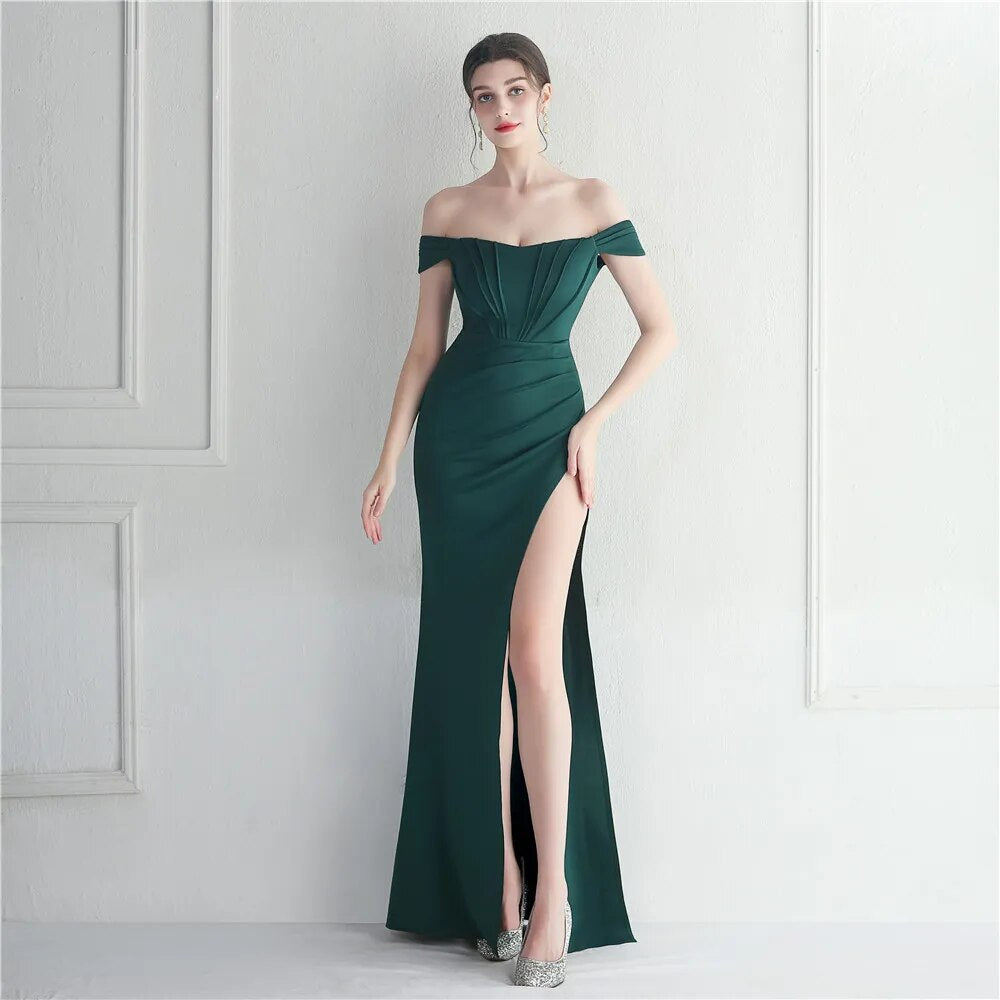 Off Shoulder Slash Nech Maxi Dress Women Sexy Slit Long Prom Evening Dress