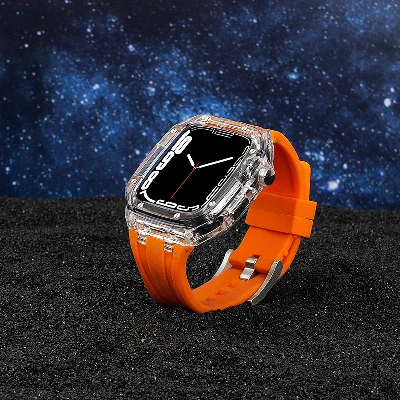 Modification Kit For Apple Watch 45mm 44mm Transparent Case & Silicone Band For iWatch Series 8 7 6 5 4 SE Rubber Sport Strap