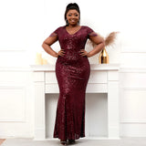 Plus Size V Neck Burgundy Sequin Evening Dress Sexy Party Maxi Dress Women Beading Long Prom Dress