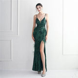 Women Sexy Slit Party Maxi Dress Strap V Neck Feather Evening Dress Green Sequin Long Prom Dress