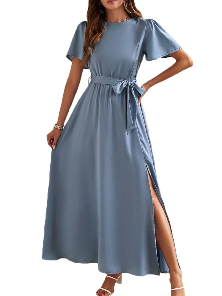2024 Summer Solid High Split Casual Midi Long Party Dress with Belt Elegant Holiday Beach Birthday Dress for Women