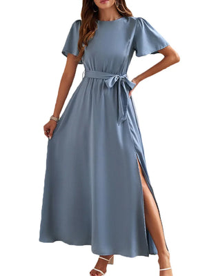 2024 Summer Solid High Split Casual Midi Long Party Dress with Belt Elegant Holiday Beach Birthday Dress for Women