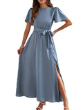 2024 Summer Solid High Split Casual Midi Long Party Dress with Belt Elegant Holiday Beach Birthday Dress for Women